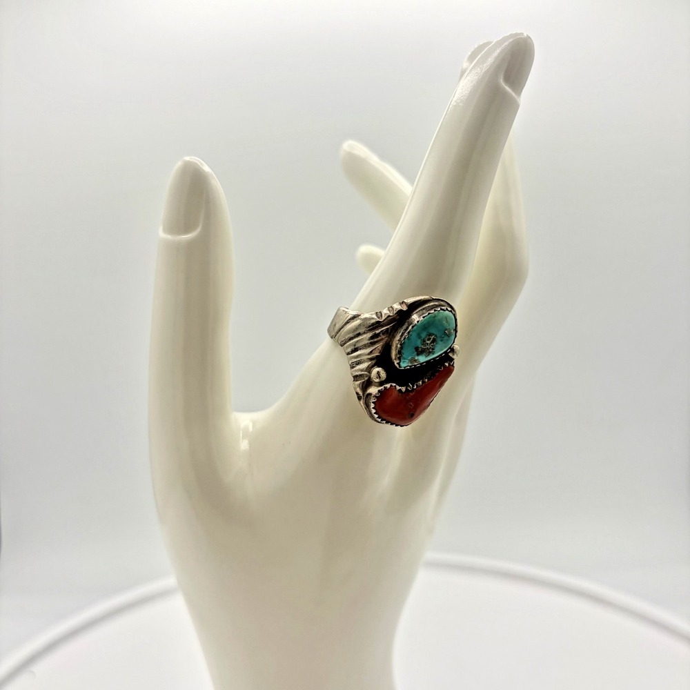Vintage Ray Fierro Navajo Sterling Silver Turquoise Coral Ring - Picture 3 of 8